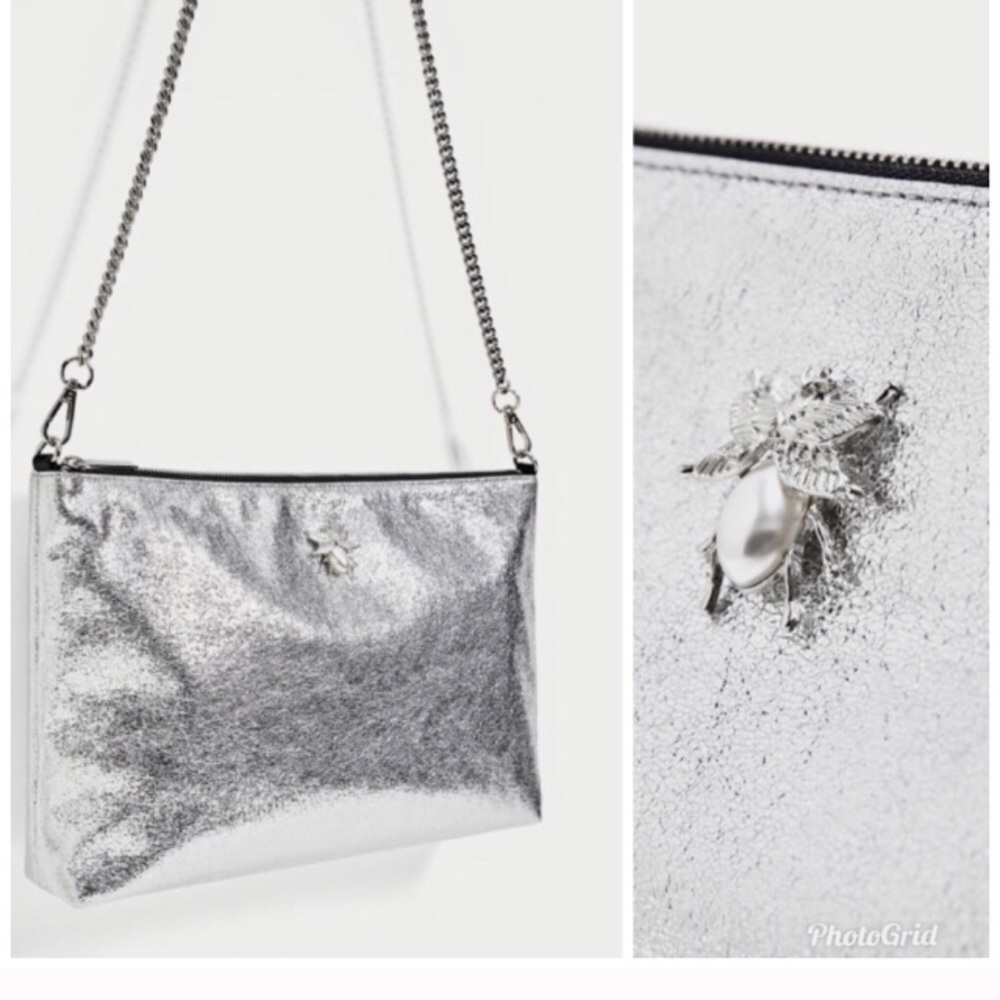 ZARA silver envelope clutch with beetle detail